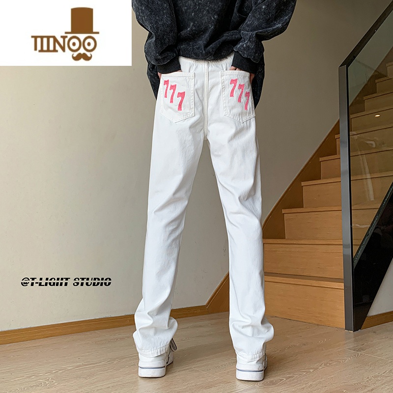YANXU白色刺绣牛仔裤男款美式高街vibe风工装裤子潮牌修身直筒休闲长裤