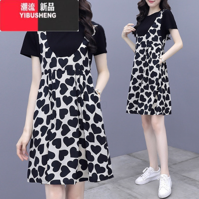 YIBUSHENG假两件拼接百搭连衣裙2024年新款女装宽松显瘦小个子爱心背带裙