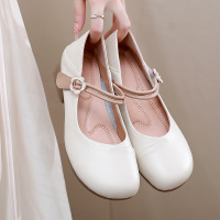 玛丽珍鞋女秋季复古牛皮圆头浅口四季单鞋中跟搭扣两穿乐福鞋
