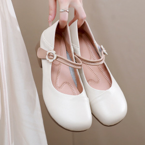 玛丽珍鞋女秋季复古牛皮圆头浅口四季单鞋中跟搭扣两穿乐福鞋