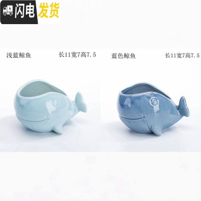 三维工匠创意个性中大小号口径北欧风蓝色家用可爱多肉花盆陶瓷器 鲸鱼盆一对 中等花盆容器