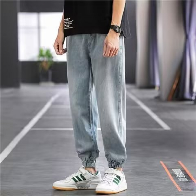 抽绳牛仔裤男士春夏季薄款束脚九分宽松阔腿潮流休闲长裤