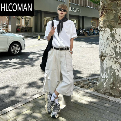 HLCOMAN美式白色牛仔工装短裤男款夏季潮牌痞帅炸街裤子宽松阔腿七八分裤