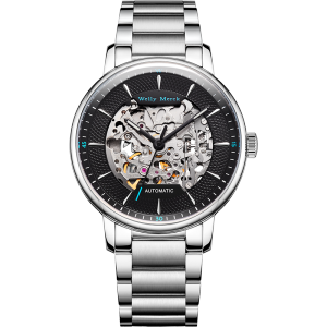 welly merck威利默克手表男新款自动机械表品牌正品防水时尚男表钢带镂空腕表WM017M