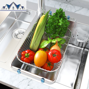 水沥水架304不锈钢沥水篮洗菜盆伸缩滤水蓝碗碟厨房置物架 三维工匠 304不锈钢小网格水槽拉蓝