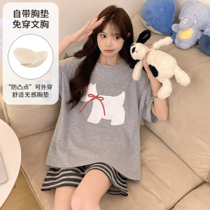 带胸垫夏季仿棉短袖睡衣女韩版卡通休闲宽松甜美家居服套装可外穿