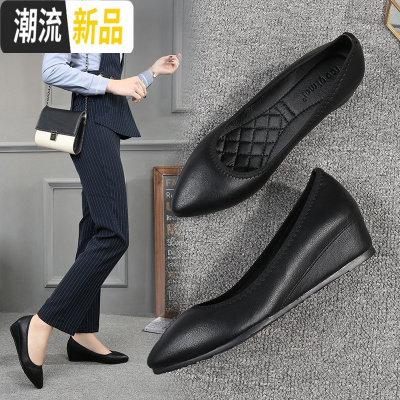 黑色工作鞋女内增高皮鞋职业中跟软底防滑尖头坡跟单鞋平底豆豆鞋广赫