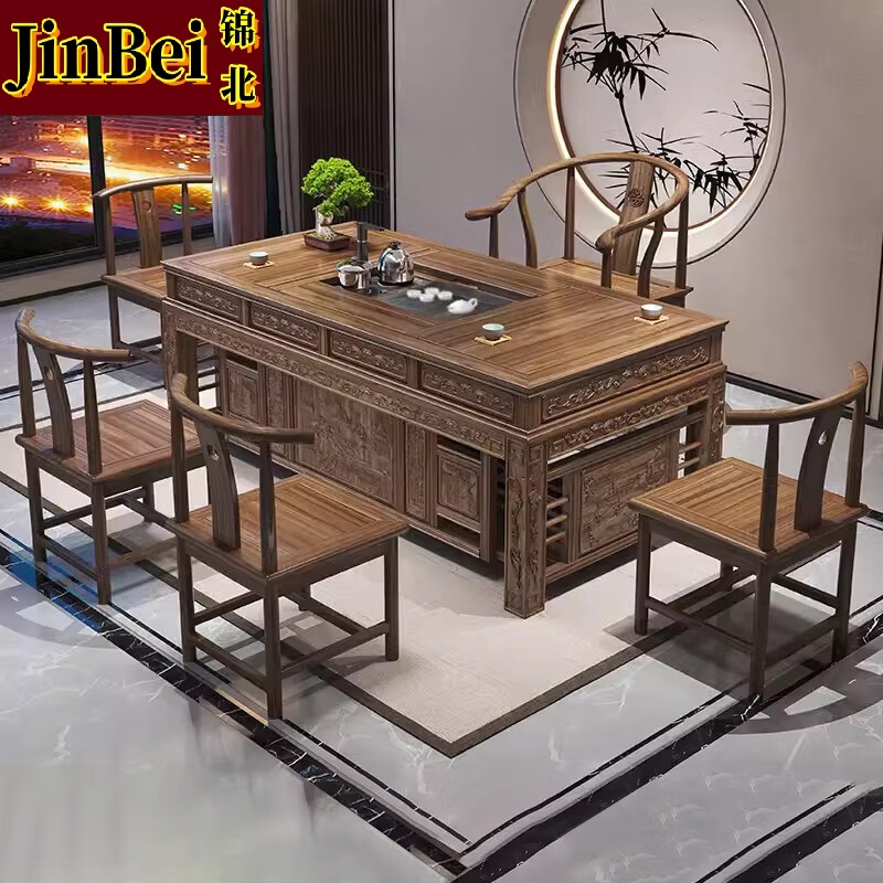 锦北新中式茶桌椅组合办公室泡茶台现代家用喝茶桌椅1.5单桌+1围+4月牙