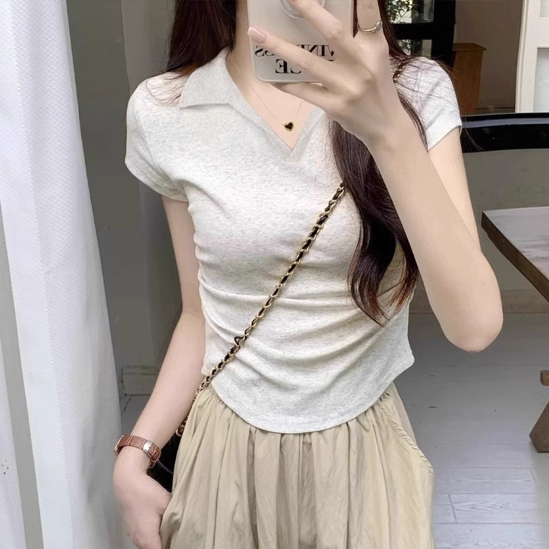 含棉纯欲风短袖T恤女夏季新款辣妹修身设计感短款正肩polo领上衣
