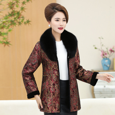 真皮毛一体印花皮衣女中老年狐狸毛领绵羊皮外套羊羔毛内里妈妈装CYDDWQE