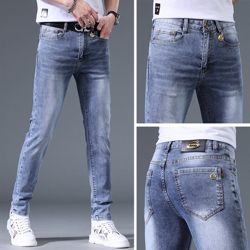 高端浅蓝色牛仔裤男士夏季薄款时尚潮牌弹力修身小脚休闲长裤子男