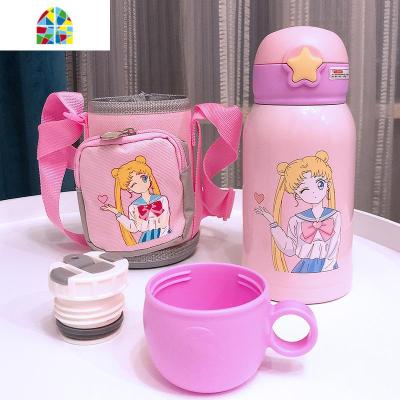 卡通儿童316不锈钢可斜跨带套吸管保温杯男女学生便携大容量水壶 FENGHOU 粉色美少女儿童壶送斜跨杯套+杯刷