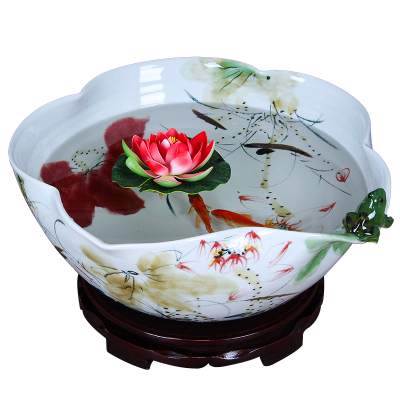 艺锦蓝国产现代中式中国江西景德镇市陶瓷鱼缸创意养鱼盆乌龟缸睡莲盆碗莲盆窑变荷花缸客厅风水摆件加大号