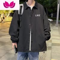 七斓简约字母印花翻领外套男bf男友风盐系痞帅夹克胖子大码褂子