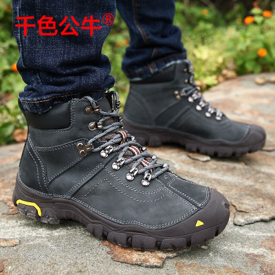 千色公牛皮鞋品牌冬季高帮休闲鞋男加绒毛保暖大棉鞋户外中老年人耐磨户外徒步登山鞋东北方穿的短筒靴子