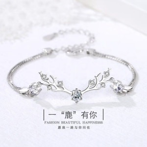 鑫铂尼925纯银项链女小鹿角一路鹿有你银饰女士情侣女款学生女生鹿头吊坠麋鹿锁骨链首饰链520情人节礼物送女友
