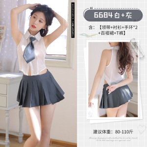 霏慕校园JK制服学院风分体套装小胸学妹无袖透薄短上衣衬衫包臀百褶短裙COS情趣内衣性感睡衣6684