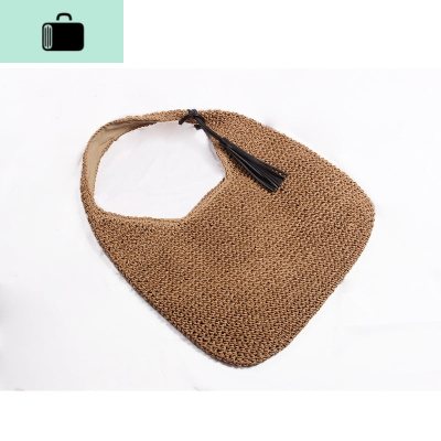 编织包女2019新款简约大容量流苏大把手提单肩编包欧美风沙滩包NEW LAKE 大把咖啡色女手包