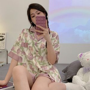 睡衣女夏季冰丝短袖短裤薄款2026条纹卡通印花宽松大码可外穿家居