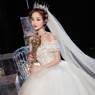 新款主婚纱2020新款拖尾气质齐地一字肩遮粗手臂小个子新娘星空显瘦轻