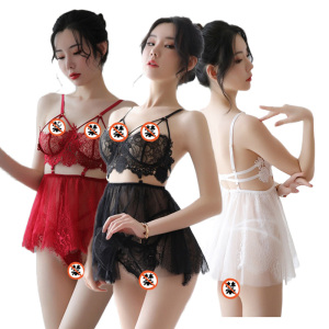 女士情趣内衣蕾丝透视三点式连体衣套装性感诱惑超透明比基尼开档免脱吊带超短裙女式情趣睡衣镂空破洞长夜漫漫欧美成人美女性用品
