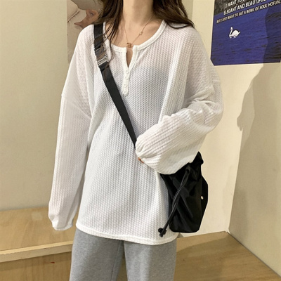 YIBUSHENG大码女装2021新款潮胖mm宽松韩版慵懒港味长袖针织t恤上衣女春秋