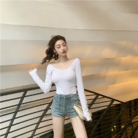秋季新款性感露背长袖T恤女百搭设计感U领纯色上衣辣妹打底衫