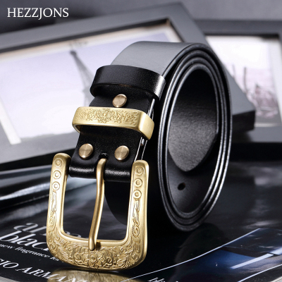 赫泽琼斯HEZZJONS皮带男进口纯牛皮真皮腰带复古唐草纯铜针扣休闲裤带个性韩版牛仔裤潮男皮带
