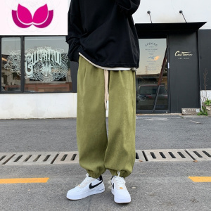 七斓抹茶绿裤子高街潮ins日系复古运动风卫裤男oversize束脚灯笼裤夏