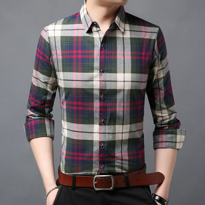 梵克公牛男装春季男士衬衫个性长袖修身方领男式拼色格子休闲上衣