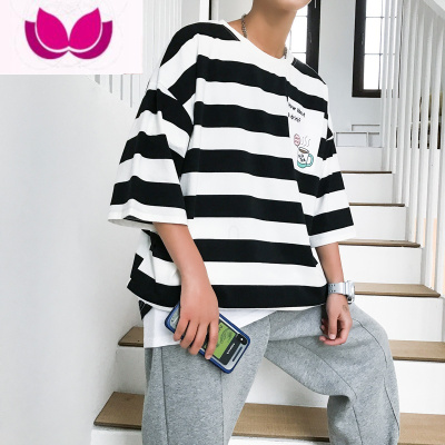 七斓男短袖T恤ins潮港风百搭宽松衣服条纹上衣潮流嘻哈半袖潮牌设计感