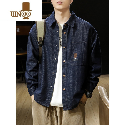 YANXU美式复古丹宁原色水洗牛仔衬衫男秋季潮牌宽松长袖衬衣男士外套潮