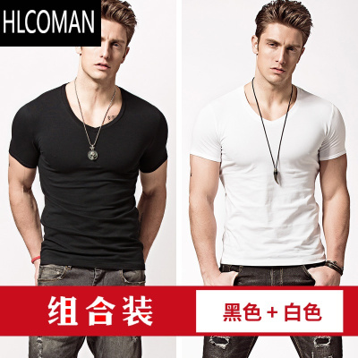 HLCOMAN短袖t恤男2025新款修身紧身男士衣服半袖体恤v领上衣夏季