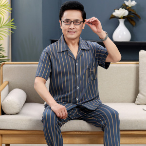 中老年睡衣男棉质夏季薄款短袖中年爸爸开衫长裤家居服套装可外穿