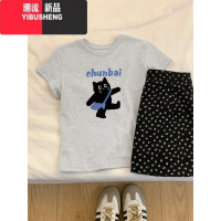 YIBUSHENG设计感小猫印花正肩短袖T恤女2024季休闲百搭宽松显瘦上衣