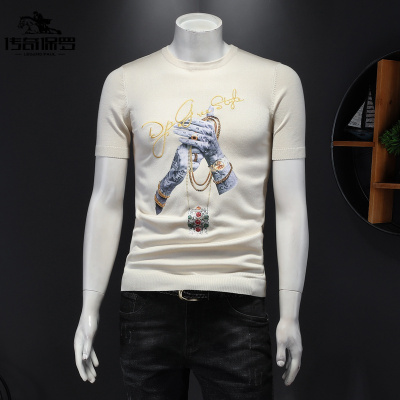 传奇保罗（CHUANQIBAOLUO）2021修身T恤圆领刺绣烫钻短袖新款针织毛衣打底衫男社会小伙帅气