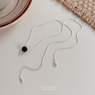 s925纯银黑玛瑙圆珠项链女小众设计感韩国风蛇骨链极简百搭锁骨链送女朋友老婆情人节七夕生日礼物