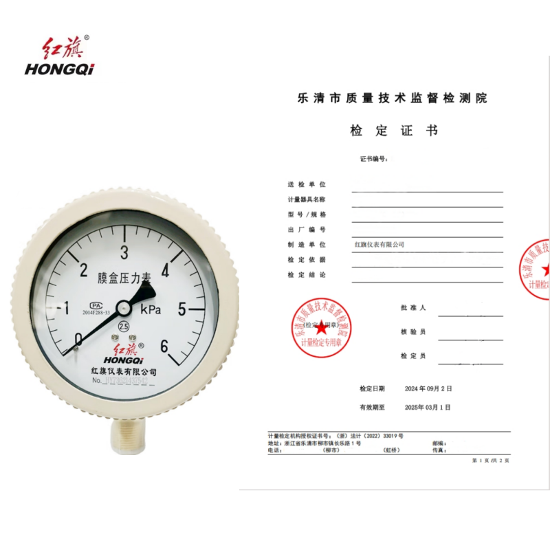 红旗 膜盒压力表(带检定证书) YE100 1.6MPA 其他压力值需备注 块