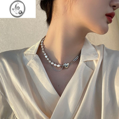 JiMi欧美层次链条拼接立体爱心淡水珍珠不规则巴洛克项链镶钻锁骨链女