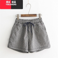 YIBUSHENG2024季新款复古热裤薄款休闲裤棉宽松阔腿裤高腰黑白格子短裤女