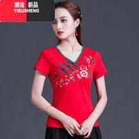 YIBUSHENG民族风女装 复古 中国风刺绣上衣 季新款绣花短袖t恤女半袖上衣