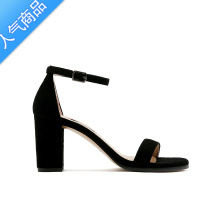 SUNTEK2023新款凉鞋女夏一字扣带法式露趾黑色粗跟中跟时尚百搭W高跟鞋