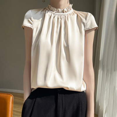 法式轻熟别致漂亮小衫夏季洋气小香风香槟金缎面衬衫上衣_1