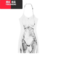 YIBUSHENG辣妹印花白色挂脖吊带连衣裙女季修身露背短裙收腰显瘦包臀裙子