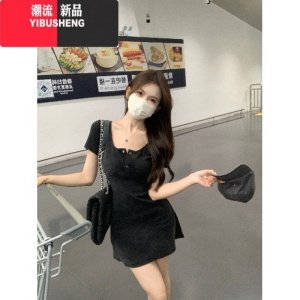 YIBUSHENG心动邀约~辣妹黑色洗水针织连衣裙气质短袖复古显瘦a字短裙