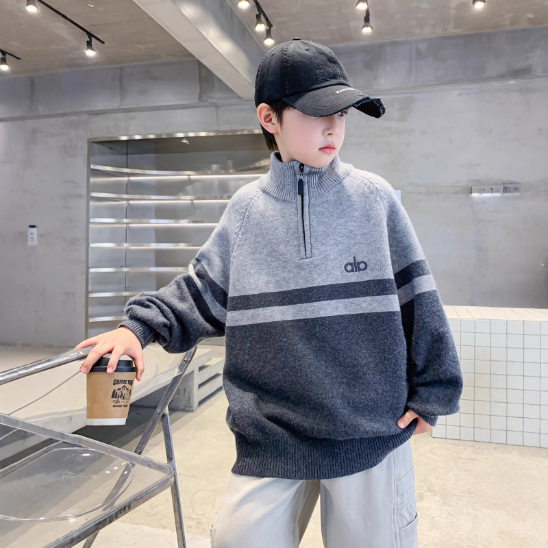 男童半开领毛衣秋冬款加厚儿童冬装打底线衣痞帅风儿童拼色针织衫