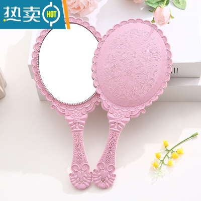敬平复古宫廷风手柄化妆镜美容院专用纹绣镜便携随身手持手拿高清镜子便携式用镜 粉色--3个装