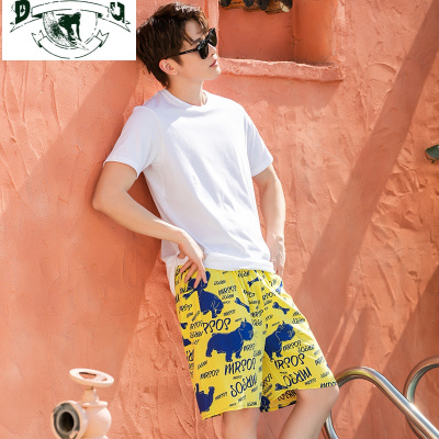 HLCOMAN男士睡裤夏季薄款棉绸短裤大码人造棉沙滩裤居家宽松五分大裤衩子睡裤