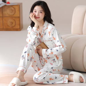 春秋季新款长袖开衫家居服棉质睡衣女款休闲宽松翻领两件套可外穿
