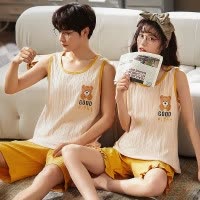 夏季新款可爱情侣抽条背心短裤纯棉睡衣甜美卡通套装家居服可外穿